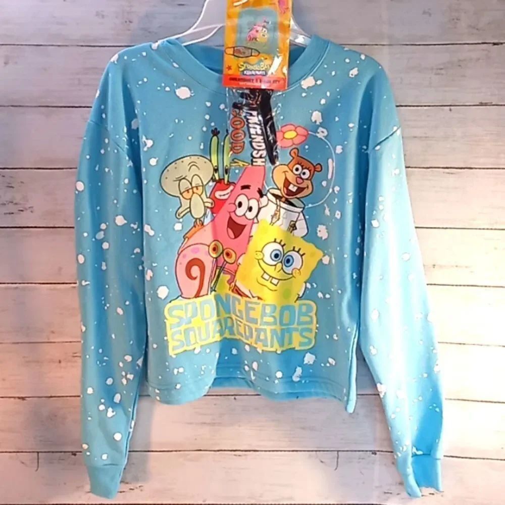 Spongebob Graphic Splatter Crop Sweatshirt Shirt Top